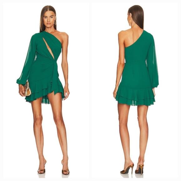 Michael Costello x Revolve Sunny Emerald One Shoulder Cut Out Mini Dress Large - Picture 1 of 13